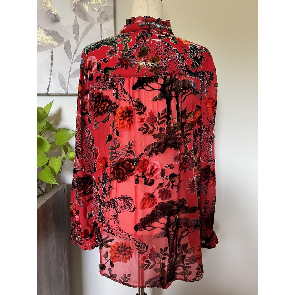 John Mark Top Womens Medium Red Floral Sheer Velvet Burnout Tunic Boho Romantic - Picture 2 of 8